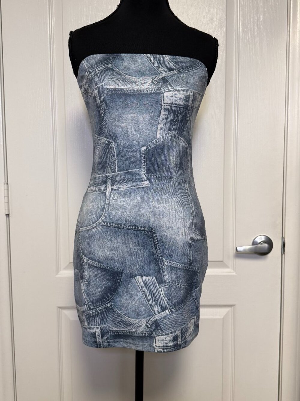 Hottie Faux Denim Print Strapless Tube Mini Dress Size M